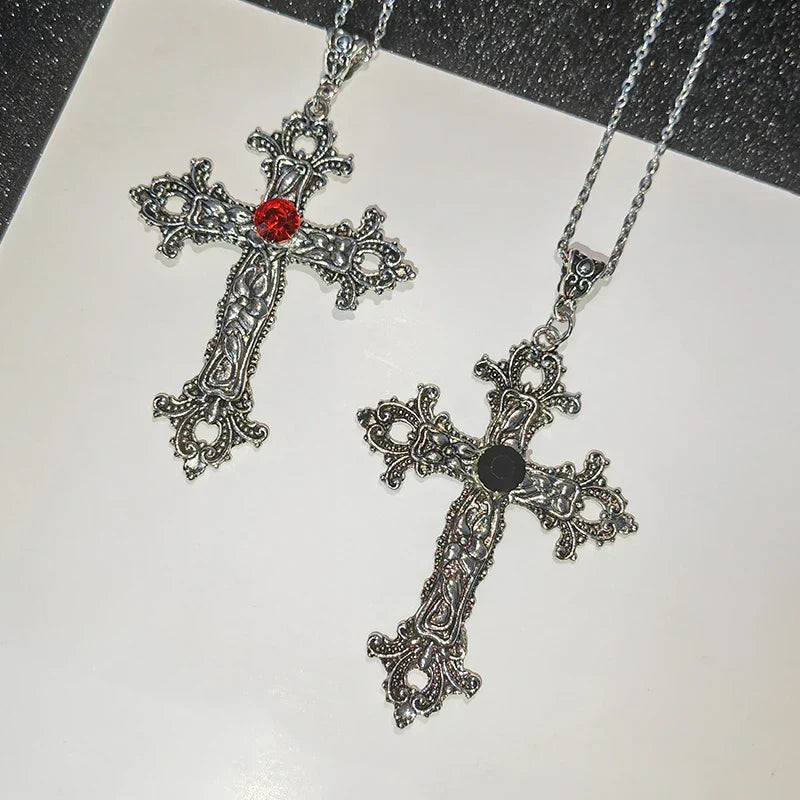 Gothic Big Zircon Cross Necklace Unisex Y2K Irregular Goth Large Cross Pendant Necklaces  for Men Women Couple Necklace Jewelry