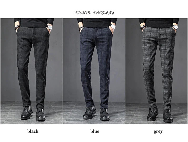 Autumn Men's Brushed Plaid Casual Pants Korean Style Gray Elastic Straight Slim Fit Fashionable Work Pants Blue and Black Male