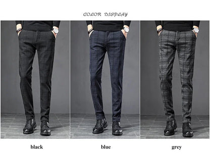 Autumn Men's Brushed Plaid Casual Pants Korean Style Gray Elastic Straight Slim Fit Fashionable Work Pants Blue and Black Male