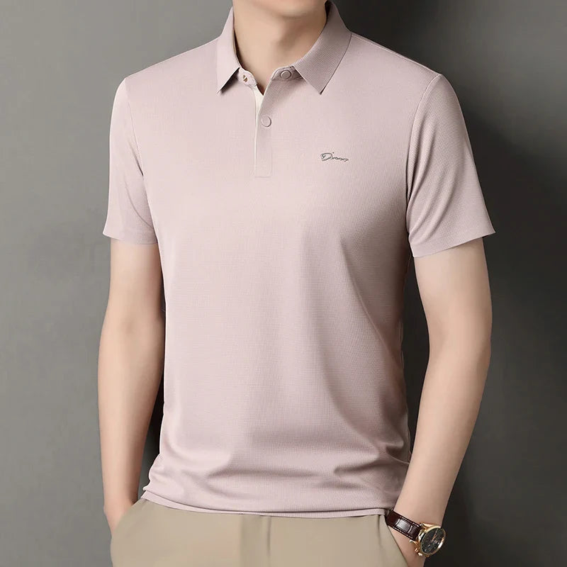 Summer seamless ice silk short sleeved T-shirt, polo shirt, flip collar, casual elastic top, breathable thin half sleeve