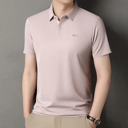 Summer seamless ice silk short sleeved T-shirt, polo shirt, flip collar, casual elastic top, breathable thin half sleeve