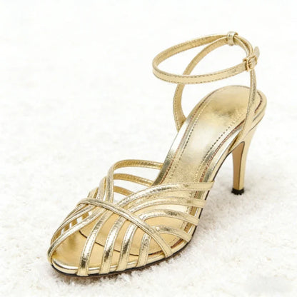 Sexy Gold Hollow Narrow Band High Heel Sandal Women Fashion Ankle Strap Buckle Thin Heel Designer Shoe Elegant Dinner Dress Shoe