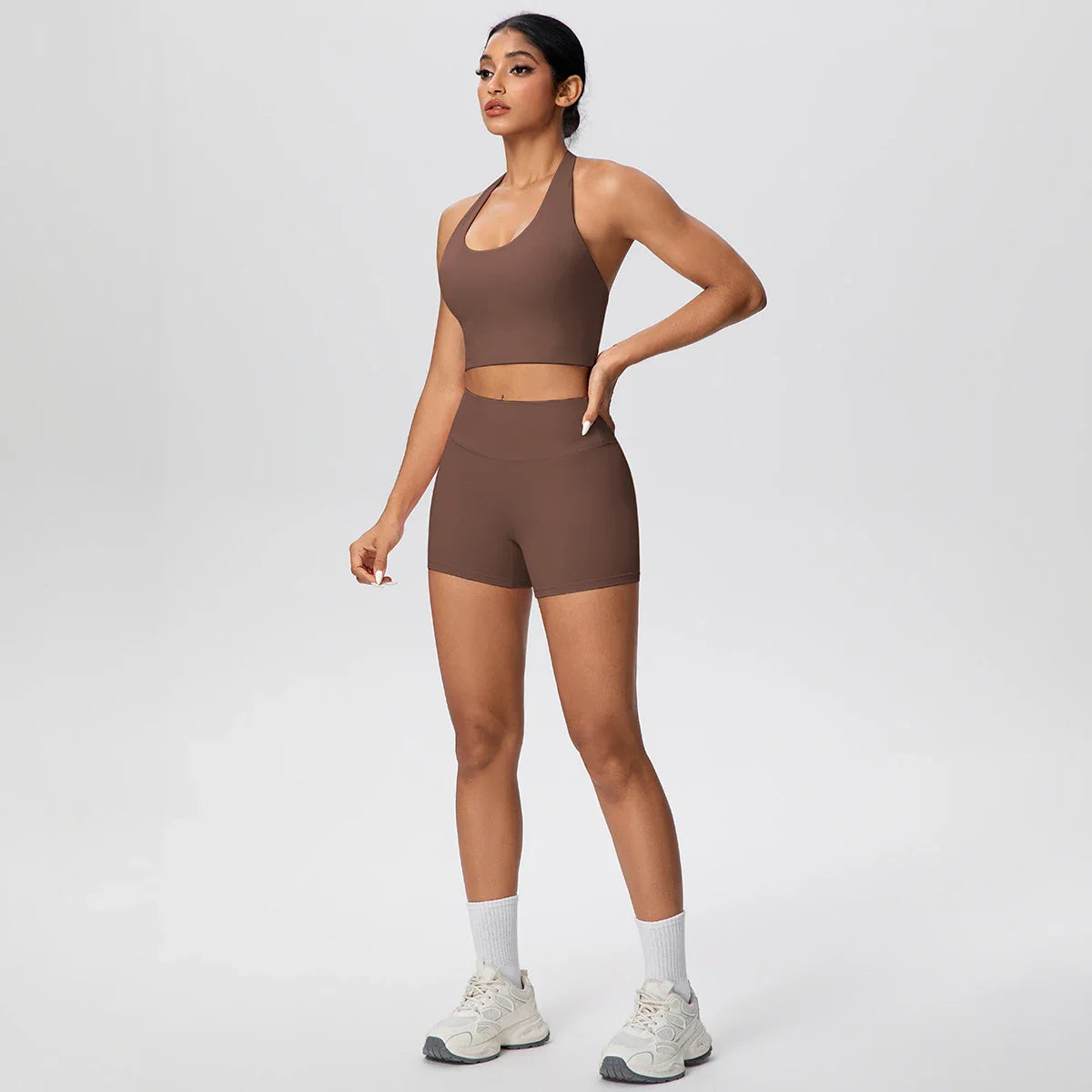 2picese Women Yoga Suit Solid Color High Waist Hip Push Up Fitness Shorts Sexy Pilates Backless Gym Hanging Neck Bra Yoga Set
