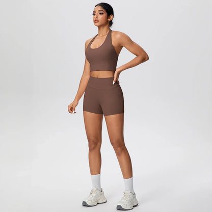 2picese Women Yoga Suit Solid Color High Waist Hip Push Up Fitness Shorts Sexy Pilates Backless Gym Hanging Neck Bra Yoga Set
