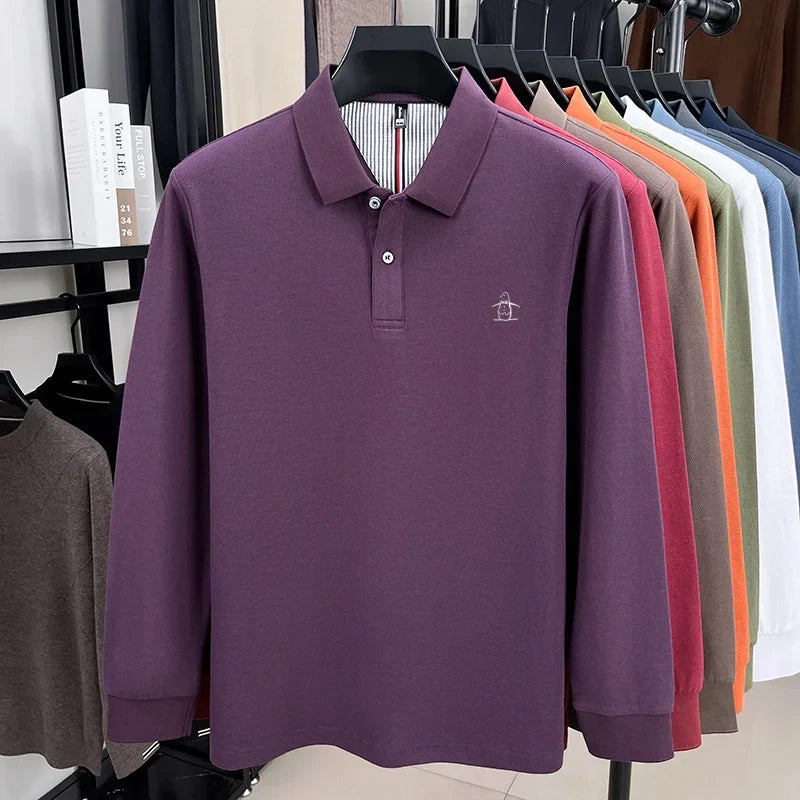 100% High-quality Cotton Latest Men's Polo Long Sleeve Autumn Spring Warm Fashionable Business Casual Cozy Delicate Embossed Top