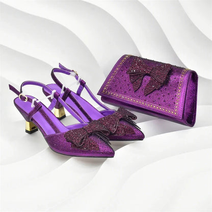 2026 Fashiona Banquet Exquisite Party Top Luxury Pointed Toe Bowtie Bright Diamond Summer Women's High Heels Shoes and Bags Set