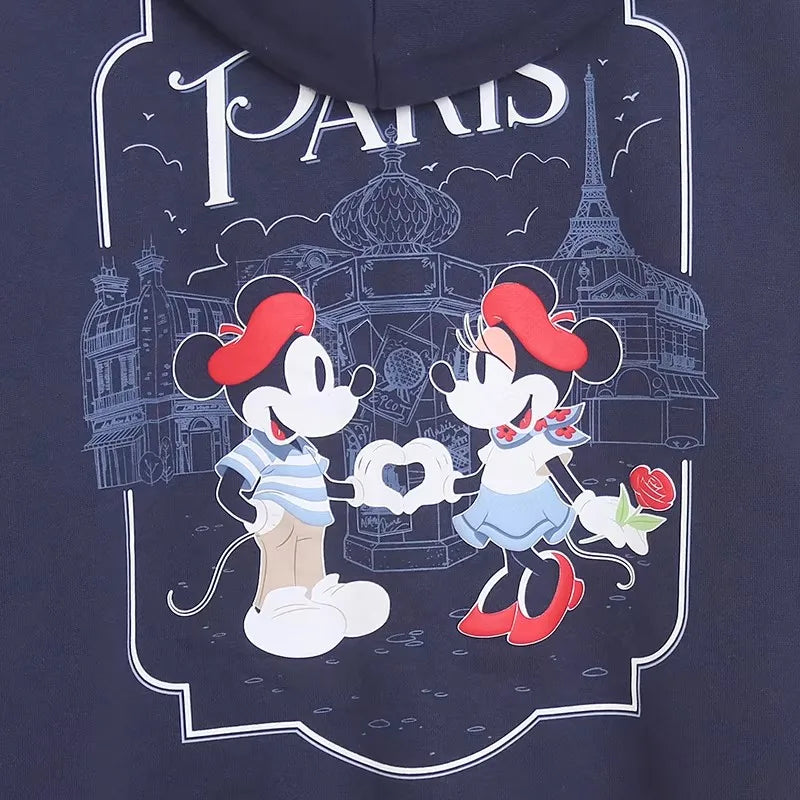 Mickey Mouse Paris Letter Cartoon Print Fleece Sweatshirt Fashion Unisex Women Pockets Hooded Zip Up Jumper Tops