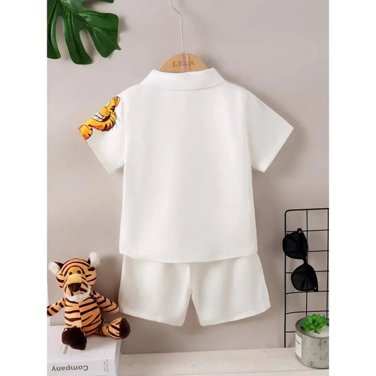 2PCS Summer Kid Boy Gentlemen Clothes Set Cartoon Pattern Lapel Collar Top with Shorts Birthday Party Wear for Toddler 1-6 Years