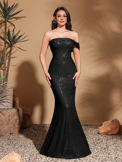 Sequined hip-hugging dress with one side hanging sleeves, elegant and chic dress