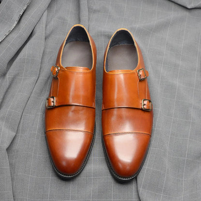 Luxury Men's Wedding Formal Shoes Genuine Leather Pure Brown Black Double Buckle Monk Strap Cap Toe Business Office Dress Shoes