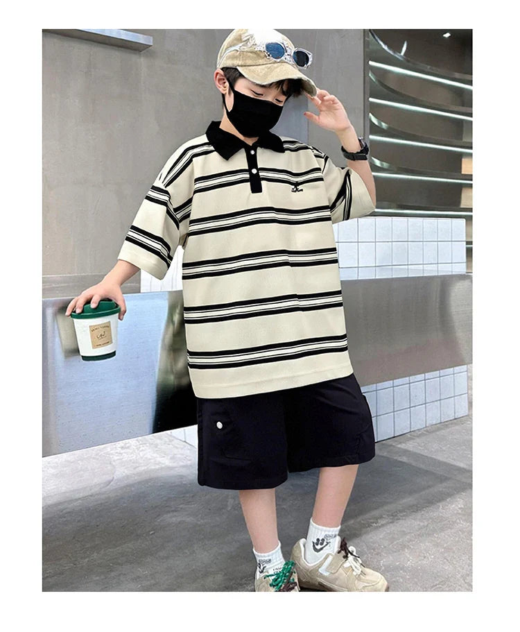 2025 New Kids Boys Cotton Top and Bottom Clothing Set for Child Stripe Polo Shirt + Shorts Two Pieces Summer Outfit Clothes Set