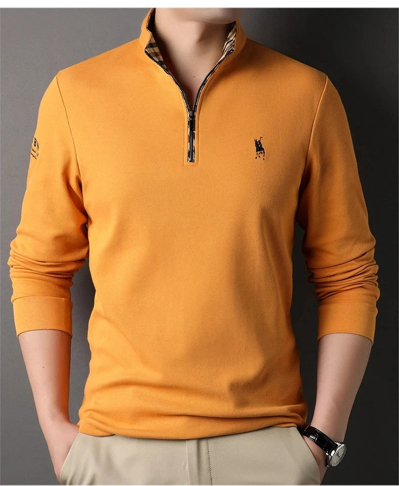 High end 100% cotton brand long sleeve T-shirt men's standing collar autumn fashionable embroidery Paul casual sports polo shirt