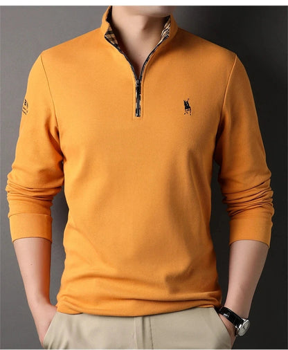 High end 100% cotton brand long sleeve T-shirt men's standing collar autumn fashionable embroidery Paul casual sports polo shirt