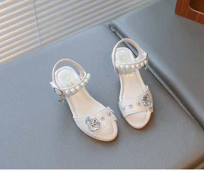 Girls Shiny Rhinestone Flowers Leather Sandals 2026 New Summer Toddler Strappy Sandals Hight Heel Soft Sole Princess Style Shoes