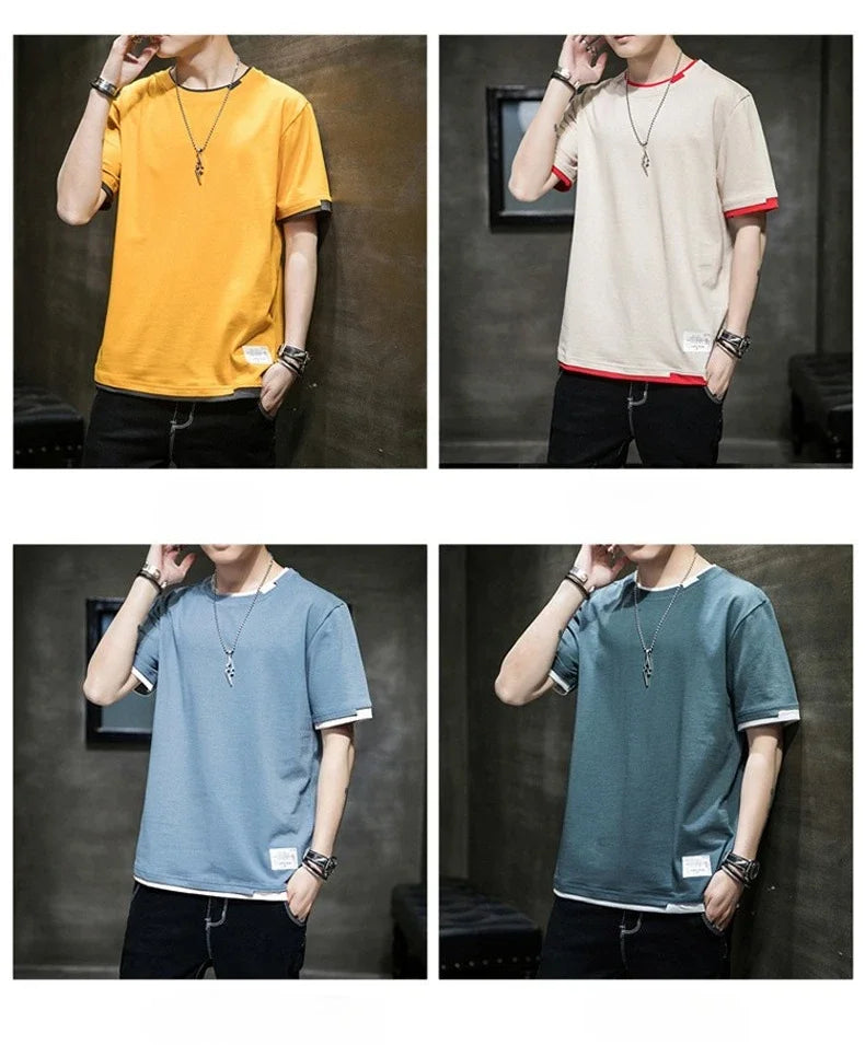 Classic Fake Two Short Sleeved Men's Pure Cotton T-shirt, Men's Summer Men's Interior Matching Trendy Brand T-shirt