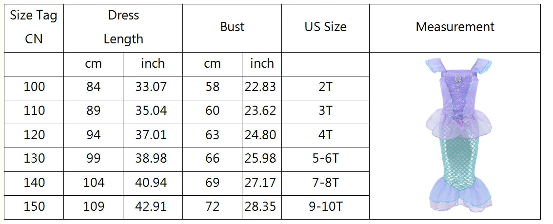 NEW Casual Ariel Mermaid Costume for Toddler Dress up Party Girls Siren Disguise Halloween Princess Apparel Fairy Little Mermaid