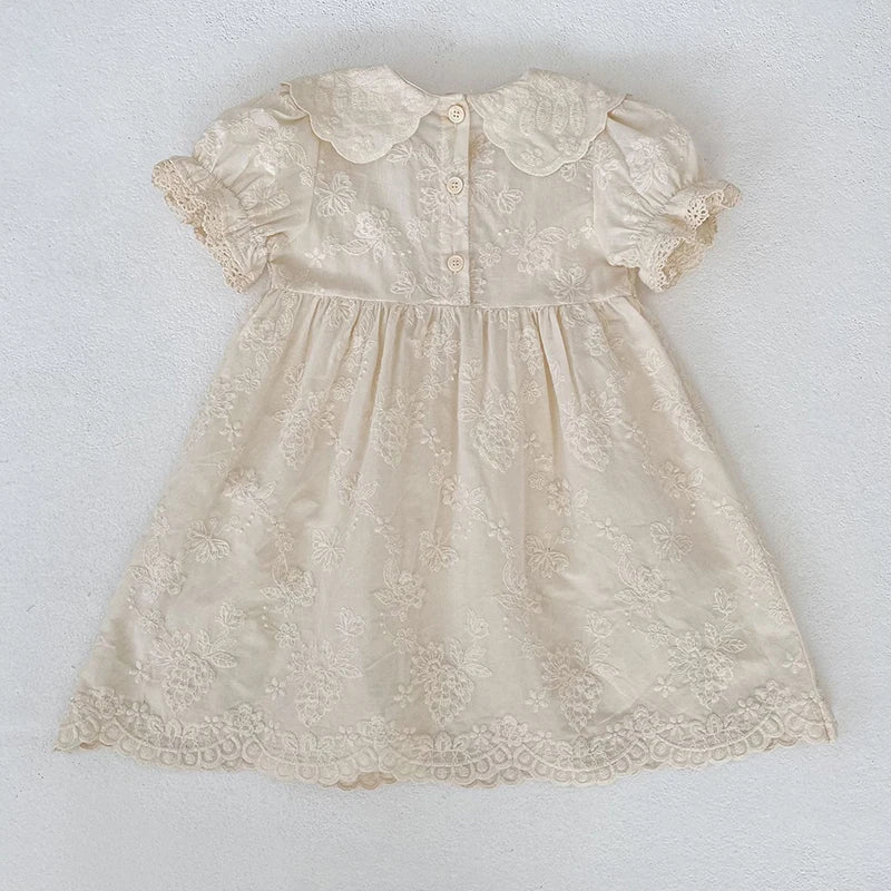 2026 Summer New Pure Cotton Embroidered Floral Short Sleeved Girl's Dress 2-6Yrs Versatile Adorable Korean Style Dress