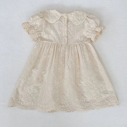 2026 Summer New Pure Cotton Embroidered Floral Short Sleeved Girl's Dress 2-6Yrs Versatile Adorable Korean Style Dress