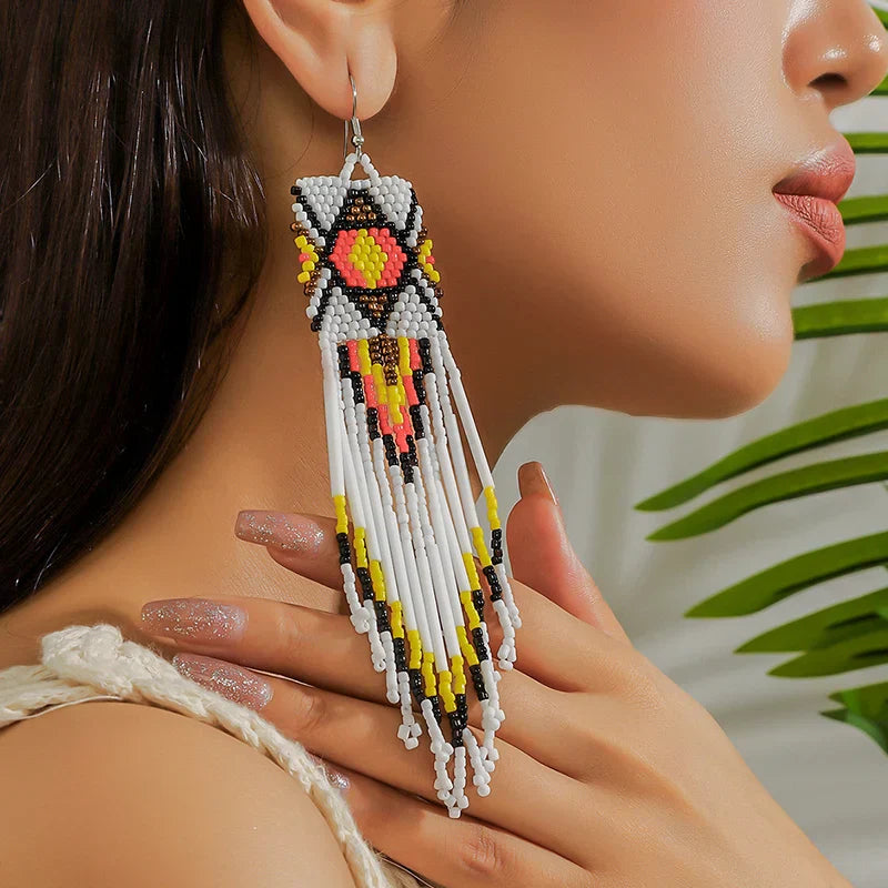 White Rice Beads Earrings For Women Retro Boho Tassels Water Drop Earrings Exaggerated Ethnic Style Earrings Jewelry