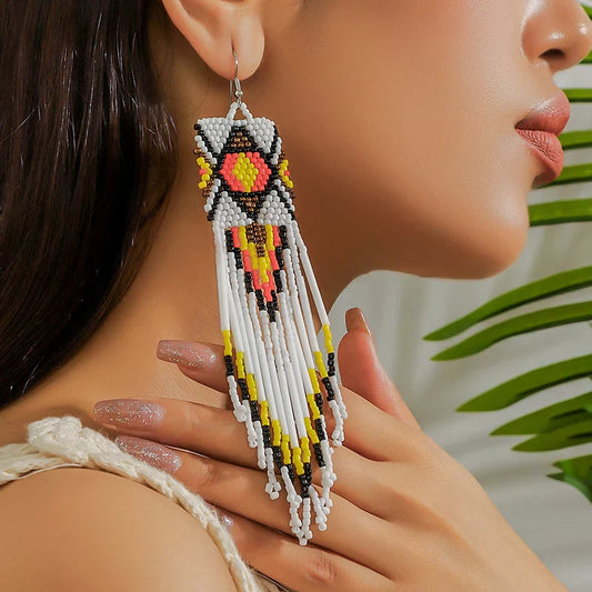 White Rice Beads Earrings For Women Retro Boho Tassels Water Drop Earrings Exaggerated Ethnic Style Earrings Jewelry