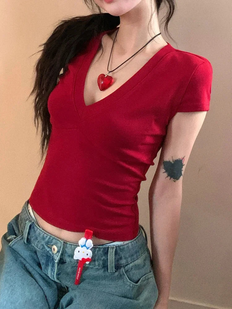 Basic Solid Crop Top Short Sleeve V-neck Skinny T-shirt Summer Casual Tee for Women Y2K Vintage Top Harajuku Streetwear