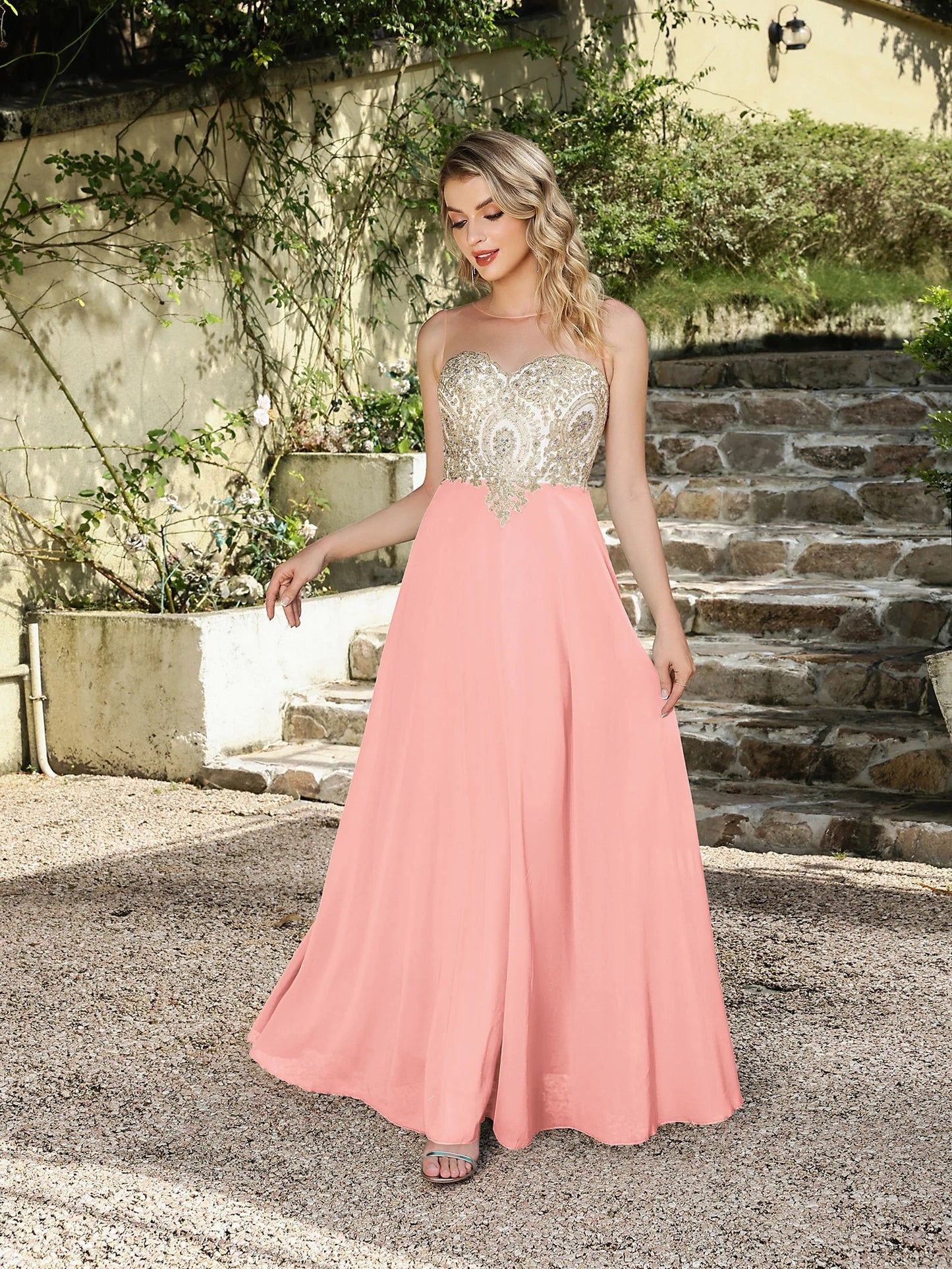 Elegant Sweetheart Prom Dress with Gold Embroidered Bodice & Flowing Chiffon Skirt for Homecoming & Formal Events