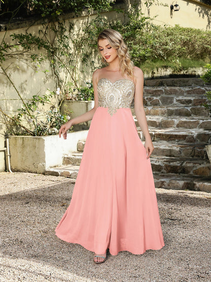 Elegant Sweetheart Prom Dress with Gold Embroidered Bodice & Flowing Chiffon Skirt for Homecoming & Formal Events