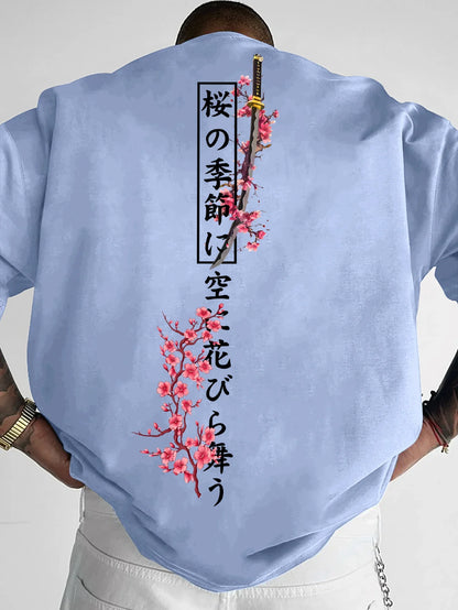 American-style Men Summer Loose T-shirt Suitable for Daily Wear Cherry Blossom and Samurai Sword Patterns  100% Pure Cotton