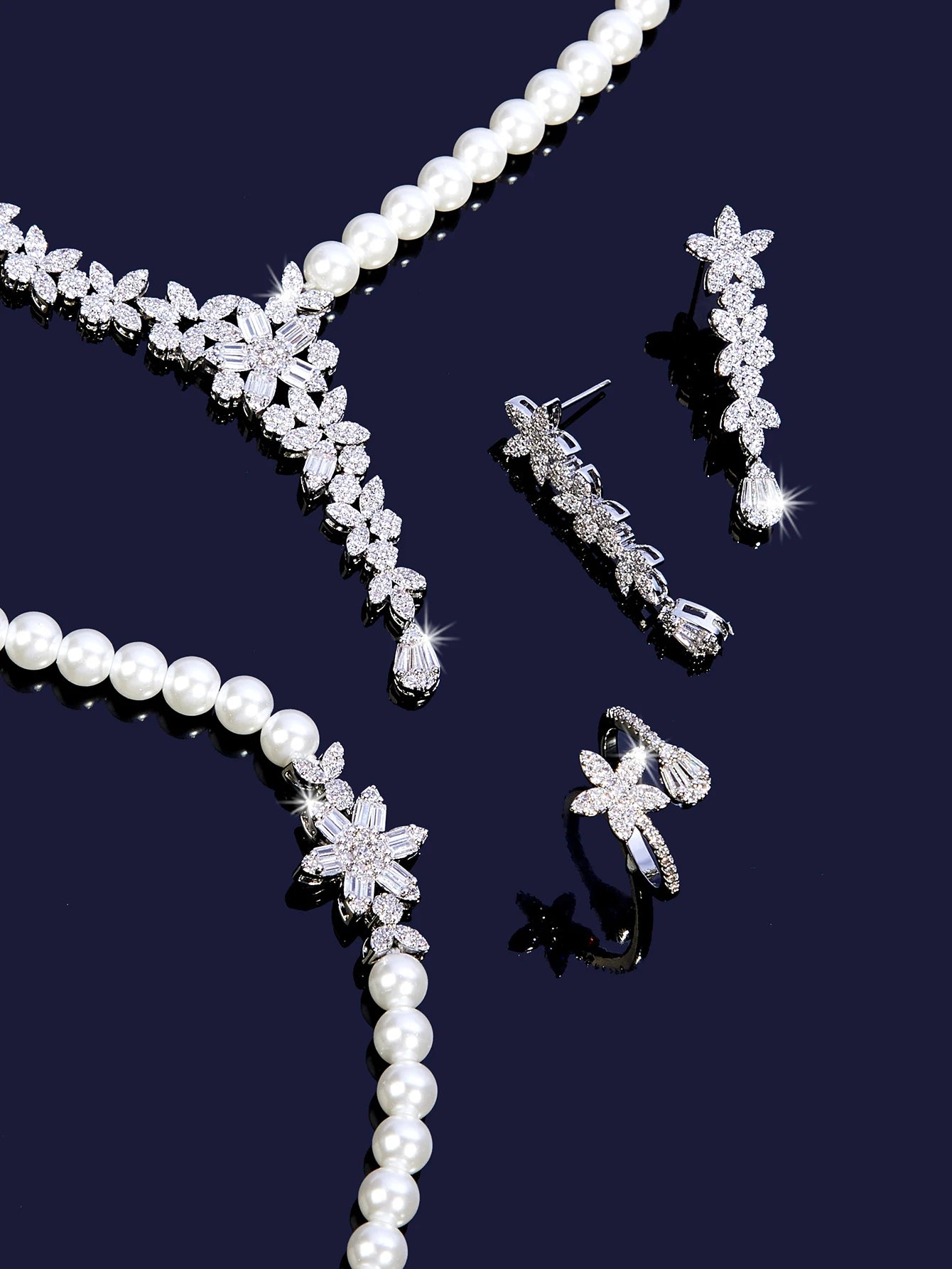 New Trendy Pearl Tassel 40cm Necklace Earring 4PCS Jewelry Set For Women Wedding Party Full Zircon Dubai Bridal Jewelry Set Gift