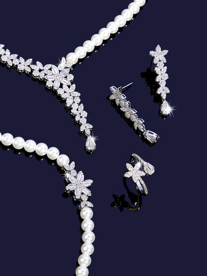 New Trendy Pearl Tassel 40cm Necklace Earring 4PCS Jewelry Set For Women Wedding Party Full Zircon Dubai Bridal Jewelry Set Gift
