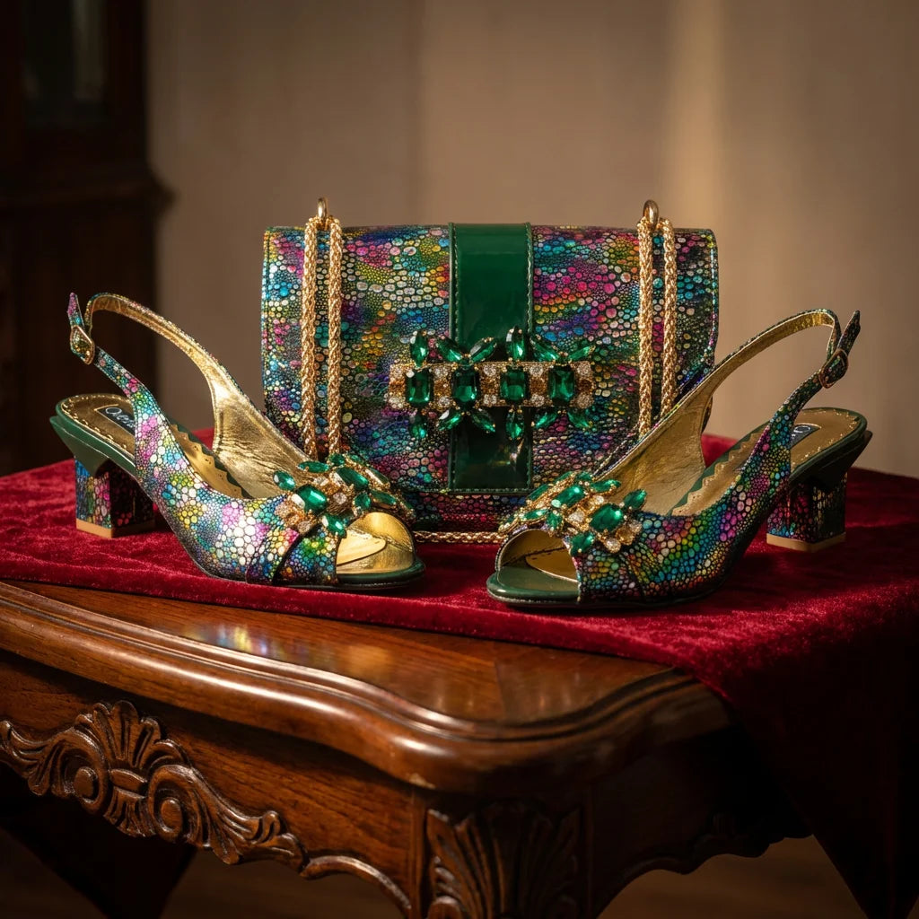 2026 New Elegant Rhinestone Peep Toe Women High Heels Sandals Italian Design with Coordinating Green Handbag Party Shoes and Bag