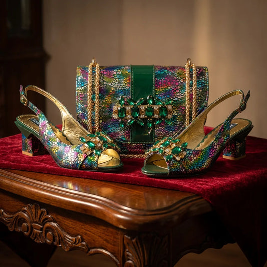 2026 New Elegant Rhinestone Peep Toe Women High Heels Sandals Italian Design with Coordinating Green Handbag Party Shoes and Bag