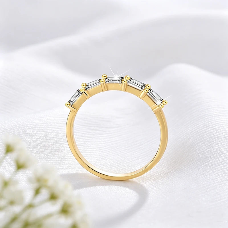 2*4mm Emerald Cut Moissanite Rings 5 Gems Female Wedding Bands for Women Match Diamond Real S925 Sterling Silver Jewelry