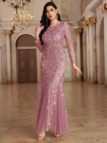 2024 Plus Size Evening Dresses Mermaid O Neck Full Sleeve Lace Appliques  vestidos elegantes  party dress  long