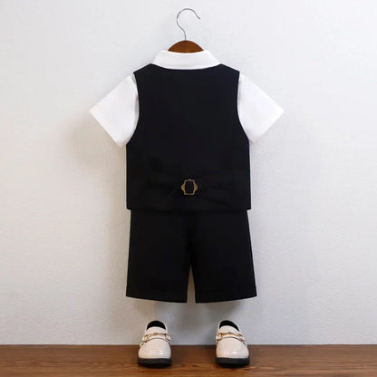 Children Boy Summer Cool Green Suit Kids Boys Vest Shirt Shorts Bowtie Ceremony Costume Formal Boys Breathable Slim Wedding Suit