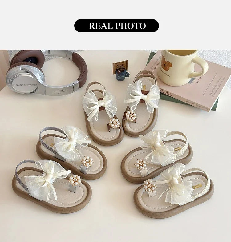 Brand Designer Ribbons Sandals for Girls Beaded Flip Flop Evening Party Dress Shoes Tulle Bow-tie Child Shoes Girl Sandal I06034
