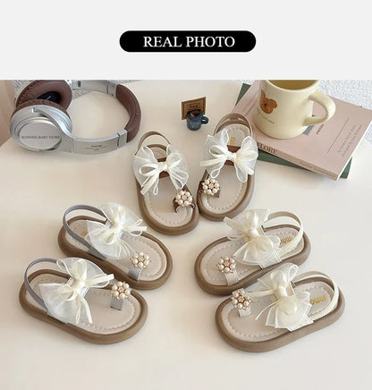 Brand Designer Ribbons Sandals for Girls Beaded Flip Flop Evening Party Dress Shoes Tulle Bow-tie Child Shoes Girl Sandal I06034