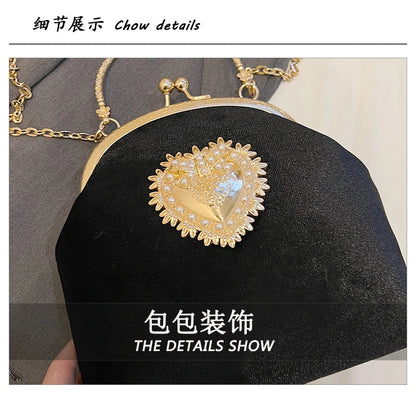 Velvet Frame Heart Dinner Hand Bags Diamonds Chains High Quality Shoulder and Crossbody Bags for Women 2024 Fashion Hot Sale