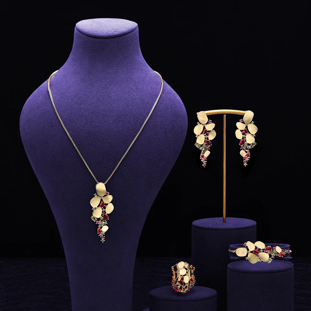 Trendy Link Chain Pendant Necklace Earring Set Gold Plated Cubic Zirconia Jewelry Sets Dubai Nigeria Women Wedding Accessories