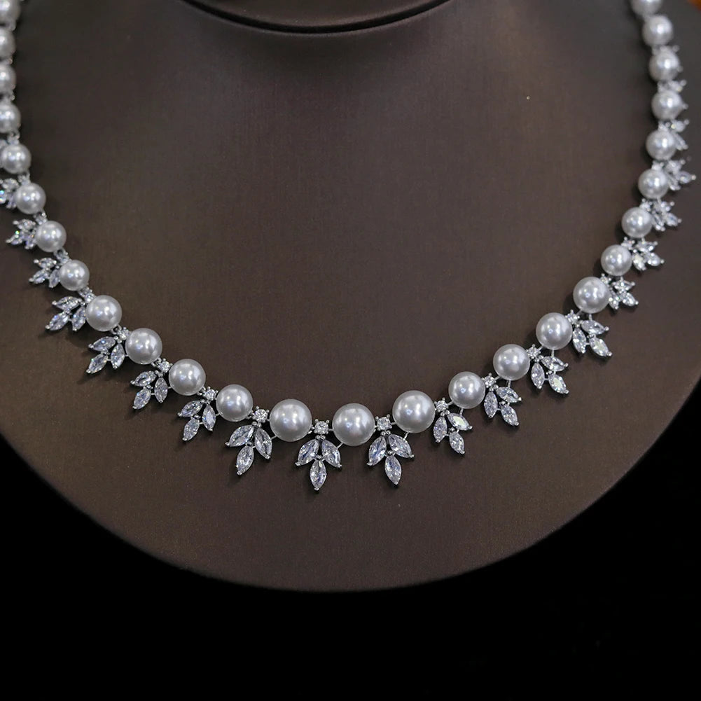 Pearl Necklace For Women Luxury High Quality Flower Shape 2 Pieces Clear Cubic Zircon Female Jewelry Sets Wedding Party Gifts