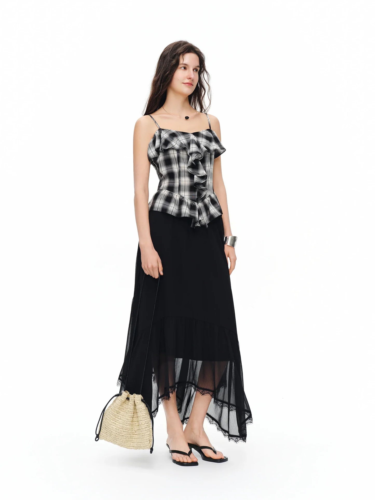 Romantic French Lace Patchwork Midi Skirt 2026 Summer New Arrival Elegant High-waisted Black A-line Skirt Women Elegant