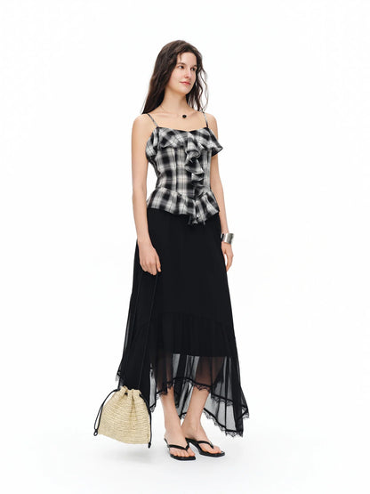 Romantic French Lace Patchwork Midi Skirt 2026 Summer New Arrival Elegant High-waisted Black A-line Skirt Women Elegant
