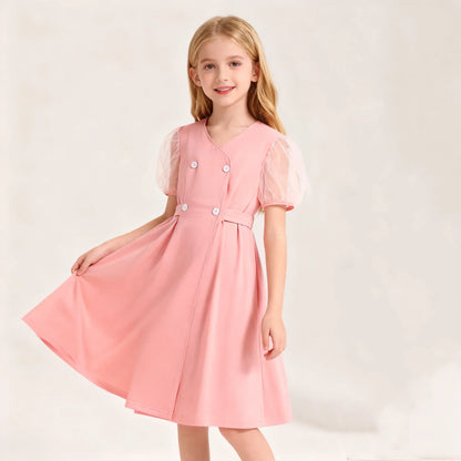 Girls' Summer French V-Neck Sweet Princess Dress Fitted Slimming Tulle Sleeveless Dress