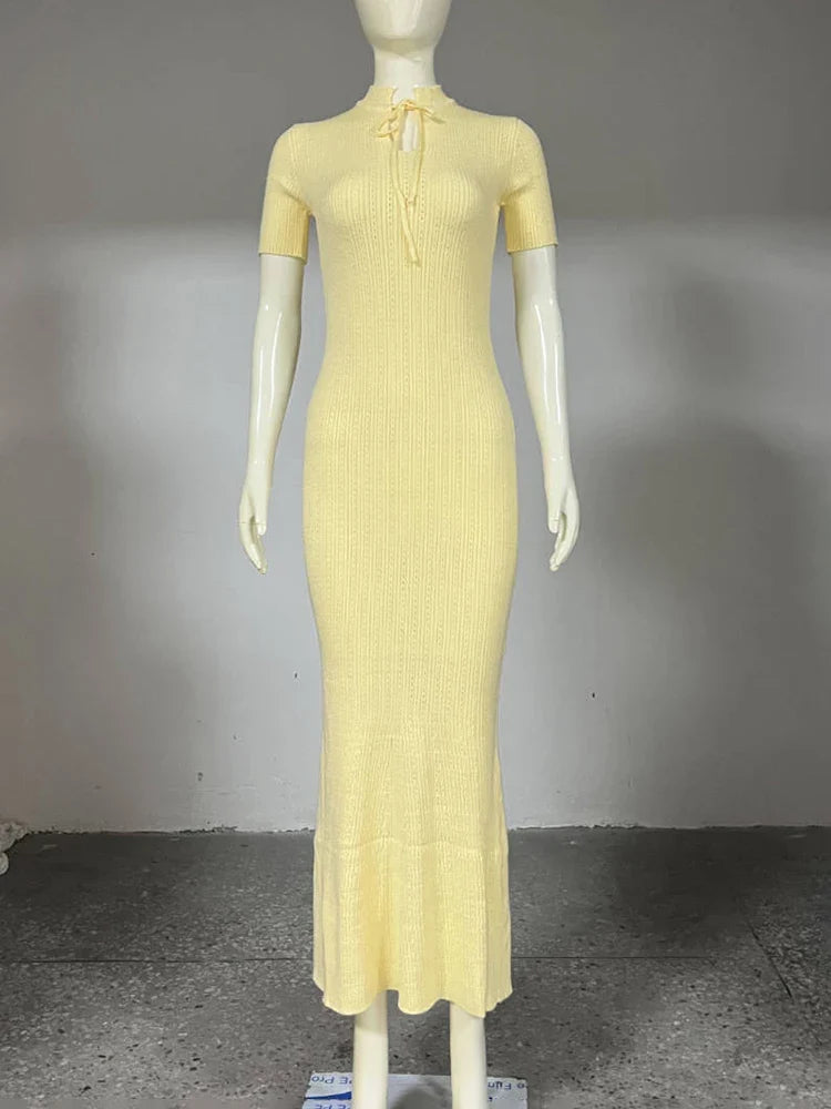 Long Dress Female Short Sleeve Slim Hollow Retro Elegant Sweater Dress 2025 Summer High Waist Woman Dress