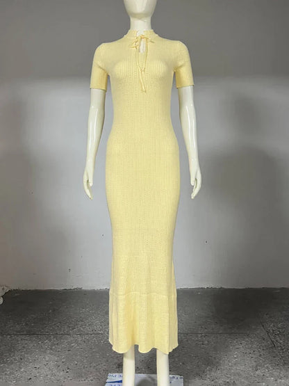 Long Dress Female Short Sleeve Slim Hollow Retro Elegant Sweater Dress 2025 Summer High Waist Woman Dress