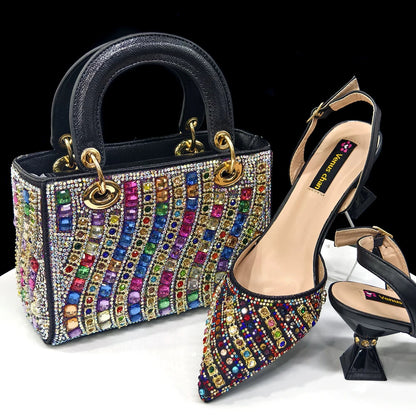 Luxurious Italian Women's Party Shoes & Bag Set – Elegant Golden Rhinestone Spring/Summer Sandals with Pointed High Heels f