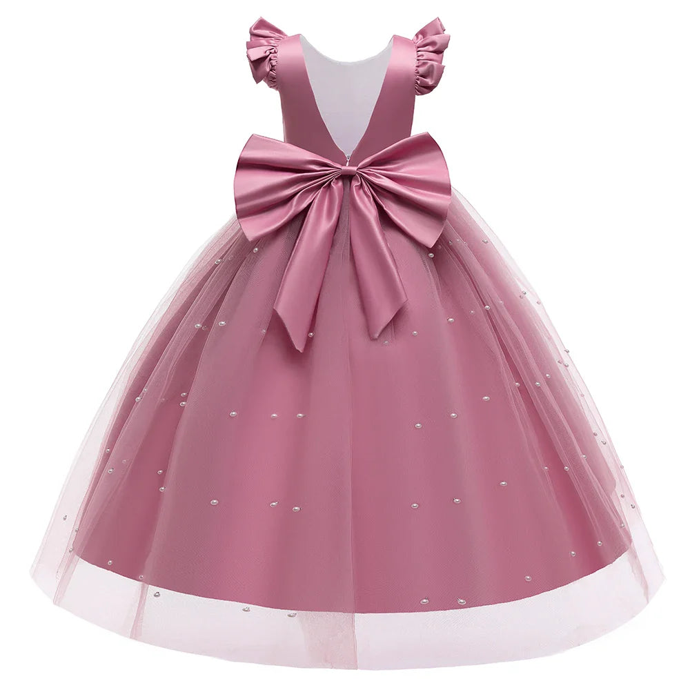 Teen Big Bow Girls Princess Dresses for Bridesmaids Kids Party Dress for Girl Beading Wedding Prom Pageant Dress Gown 5-14 Years