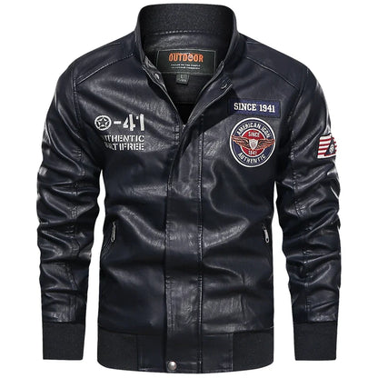 Men’s PU leather motorcycle jacket, color block pilot style, baseball collar, spring autumn, M–XXL