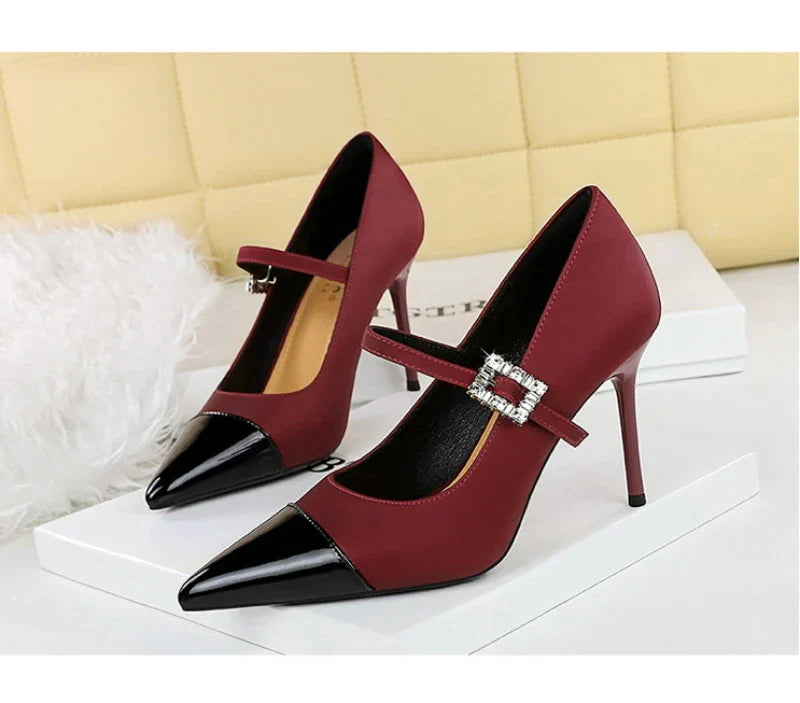 Banquet High Heels Thin Heels Light Mouth Color-Blocked Pointed Toe Rhinestones One-Strip Ultra High Heels Single Shoes Elegant
