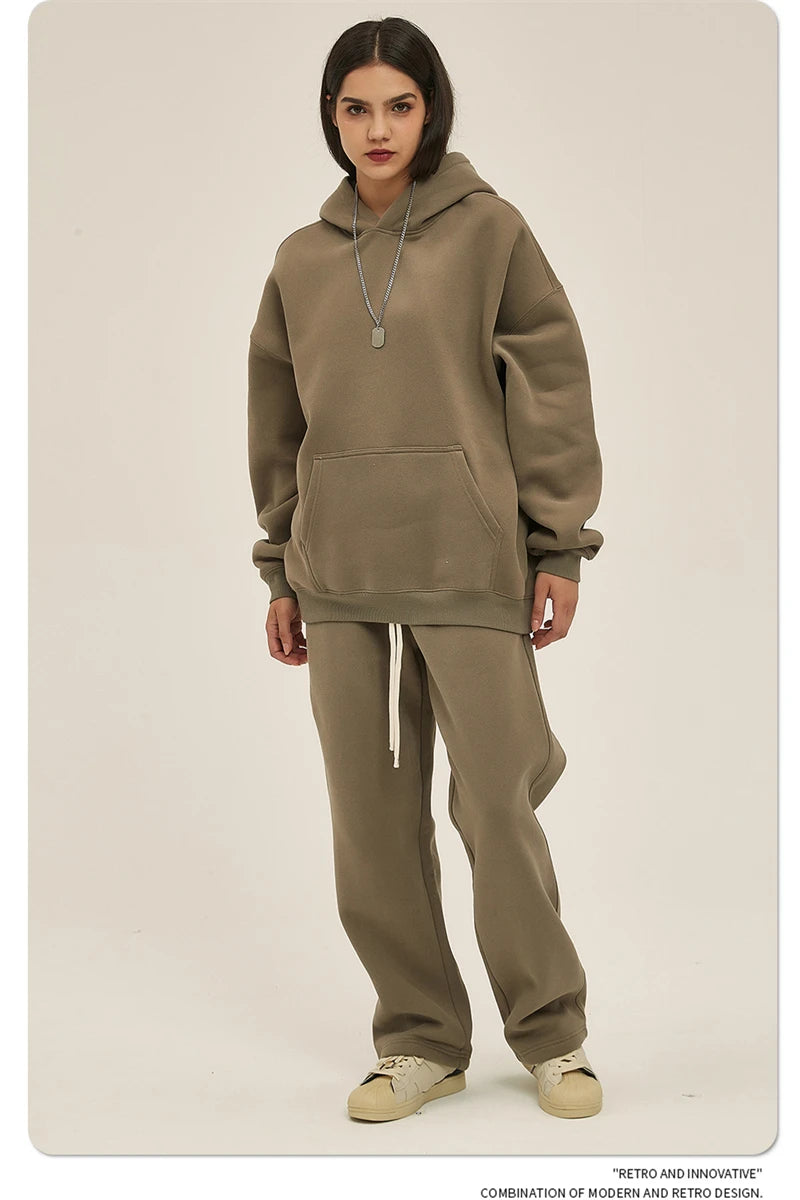 Thick 350gsm Fleece Hooded Hoodies For Men Unisex Winter Oversized Loose Basic Solid Sweatshirts Pullovers Coats HY0631